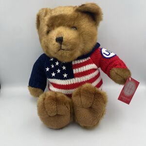 VINTAGE PLUSH TEDDY BEAR WITH AMERICAN FLAG SWEATER USA PATCH  1999. NWT